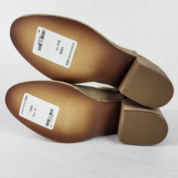 BP Ankle Booties Beige Suede Block Heels Casual Pull On Almond Size 7M - Picture 12 of 13